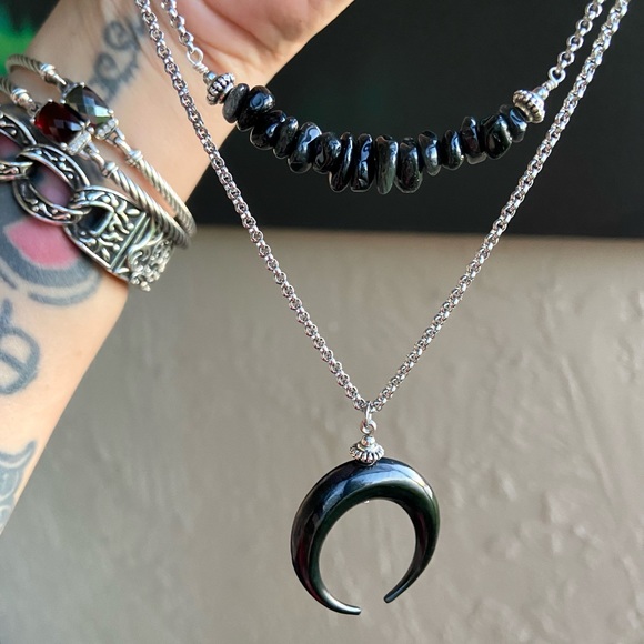 Moon choker necklace . Double layer onyx chips & black moon charm .  goth boho - Picture 4 of 13